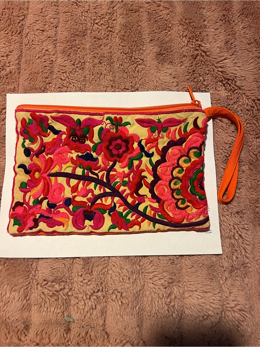 Embroidered Floral Wristlet Clutch in Yellow and Pink